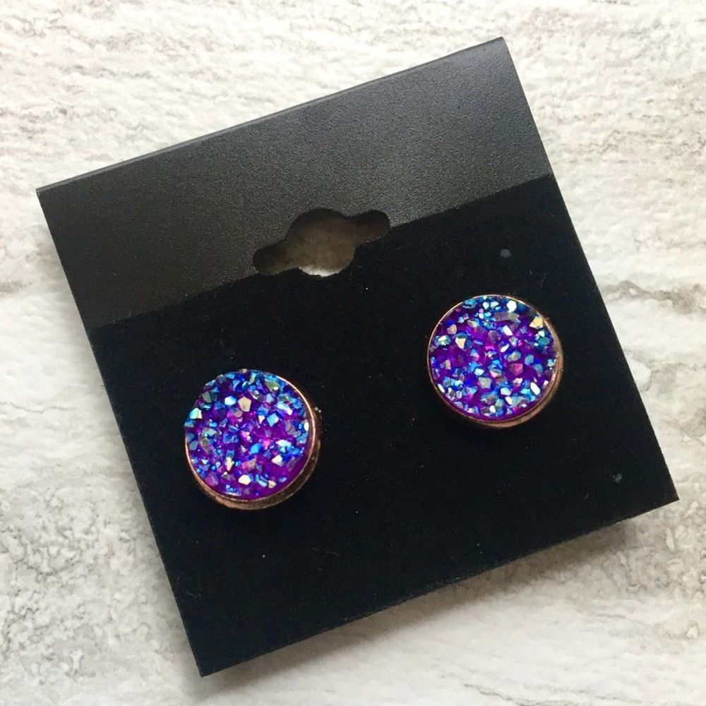 Handmade Faux Druzy Stone Purple & Rose Gold Earrings Blue Nickel Lead Free